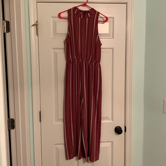 Maroon and White Striped Women’s Jumpsuit - Picture 1 of 6
